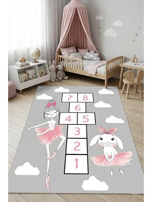 Norella Home Balerin Seksek Çocuk Halısı Kaymaz Taban Yıkanabilir Kız Çocuk Odası Oyun Halısı Eğitici Seksek Desenli Halı