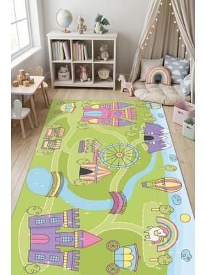 Norella Home Prenses Şato Çocuk Halısı Unicorn Temalı Kaymaz Taban Yıkanabilir Kız Çocuk Odası Halısı