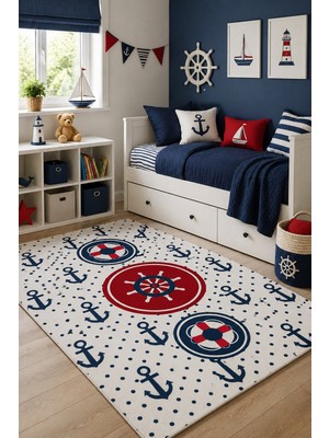 Norella Home Denizci Temalı Çocuk Halısı Çapa Desenli Kaymaz Taban Yıkanabilir Erkek Çocuk Odası Halısı