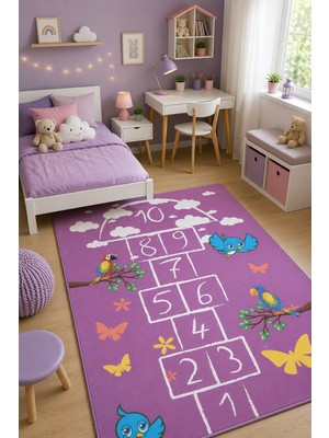 Norella Home Seksek Oyun Halısı Kuş ve Kelebek Desenli Kaymaz Taban Yıkanabilir Çocuk Odası Halısı
