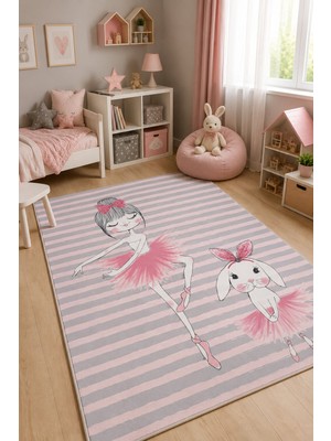 Norella Home Balerin ve Tavşan Desenli Kız Çocuk Halısı Kaymaz Taban Yıkanabilir Çocuk Odası Halısı Pembe Gri