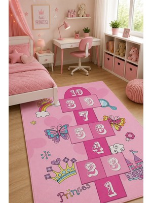 Norella Home Prenses Seksek Çocuk Halısı Kaymaz Taban Yıkanabilir Kız Çocuk Odası Oyun Halısı Pembe