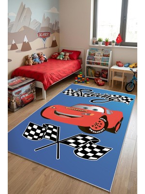 Norella Home Yarış Arabası Desenli Çocuk Halısı Kaymaz Taban Yıkanabilir Erkek Çocuk Odası Halısı Mavi