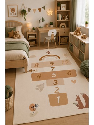 Norella Home Bohem Seksek Oyun Halısı Kaymaz Taban Yıkanabilir Çocuk Odası Halısı Bej Gökkuşağı Desenli