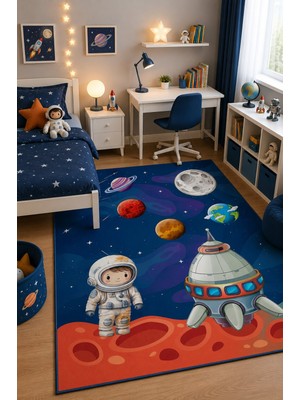 Norella Home Astronot ve Gezegenler Çocuk Halısı Kaymaz Taban Yıkanabilir Uzay Temalı Çocuk Odası Halısı
