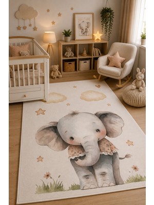 Norella Home Sevimli Fil Desenli Çocuk Halısı Kaymaz Taban Yıkanabilir Bebek ve Çocuk Odası Halısı Pastel Tasarım