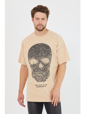 Polo State Erkek Parça Boya Baskılı Oversize Basic T-shirt  Bej