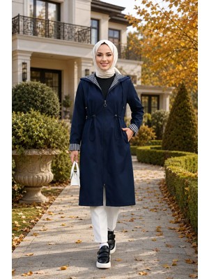 Harma Time Butik Kadın Kapüşonlu  Fermuarlı Ara Boy Bondit Kumaş Lacivert Trenç