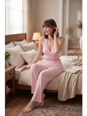 Lela Yumuşak Dokulu Sırtı Bağlamalı Dantelli Crop Pijama Takımı Bayan Pijama Takımı 6575015