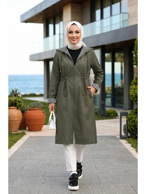 Harma Time Butik Kadın Kapüşonlu  Fermuarlı Ara Boy Bondit Kumaş Haki Trenç