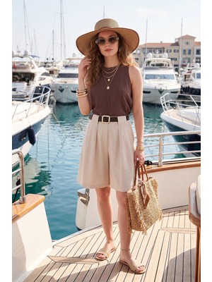 Lela Kemerli Yüksek Bel Relaxed Fit Bermuda Short Bayan Short 145M39764