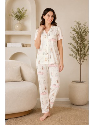 Wordex Mirano 4857 Dijital Baskı Kumaş Düğmeli Kısa Kolu Kadın Pijama Takımı