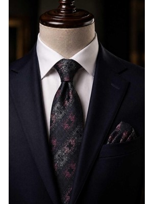 Kravatkolik Siyah Pembe Motif Desen Mendilli Klasik Kravat KK13723