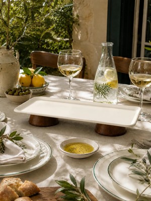 Beige & Stone Dikdörtgen Çift Ahşap Ayaklı Paslanmaz Çelik Sunum Tabağı 33 cm Pasta Meyve Servis Sunum Standı