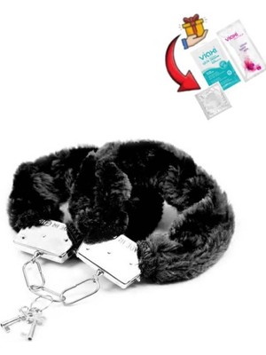 Buççin Online Mağaza Fetish Fantezi Siyah Peluş Metal El Kelepçesi-Prezervatif/kayganlaştırıcı Jel/genital Mendil