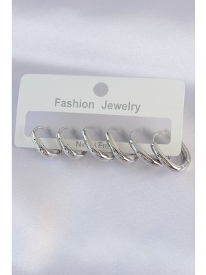 Belirtilmemiş Pirinç Gümüş Renk Oval Küpe Seti