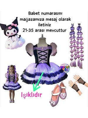Kuromi Işıklı Kostüm Elbise Kuromi Saç Kuromi Babet Kuromi Eldiven Doğum Günü Hediye Seti