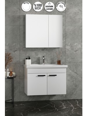 Özceden Çiğdem Kulplu 80 cm Beyaz Mdf Seramik Lavabolu Asma Banyo Dolabı Takımı
