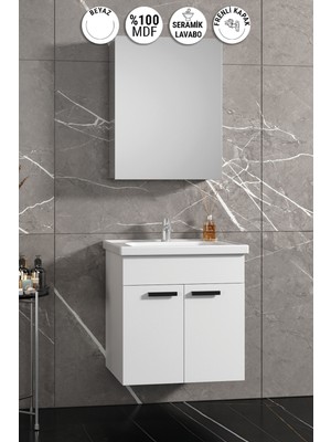 Özceden Çiğdem Kulplu 55 cm Beyaz Mdf Seramik Lavabolu Asma Banyo Dolabı Takımı