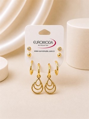 twingold Damla Detaylı Gold Renk 4'lü Küpe Seti