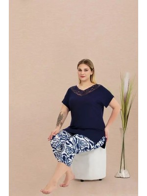 Veraura Lifestyle Closet Büyük Beden Viskon Şık Tasarım Lacivert Dantel Işlemeli Desenli Kısa Kol Kapri Takım