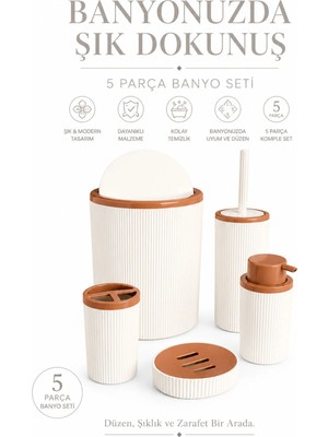 Beren Shop 5 Parça Beyaz Çizgili Banyo Seti Çöp Kovası Klozet Fırçası Sıvı Sabunluk Diş Fırçalık Sabunluk