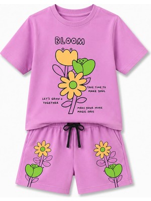 Yiğit Butik Kız Çocuk Bloom Baskılı Şortlu Takım Yazlık Çiçek Desenli Alt Üst Ikili Takım