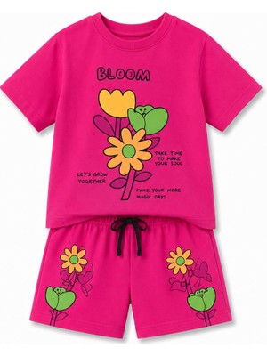 Yiğit Butik Kız Çocuk Bloom Baskılı Şortlu Takım Yazlık Çiçek Desenli Alt Üst Ikili Takım