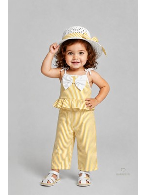 Babyden's Kız Bebek Şapkalı Yazlık Takım 3'lü Doğum Günü Kıyafeti Çizgili Fırfırlı Bluz Pantolon Kombini 9-36 Ay