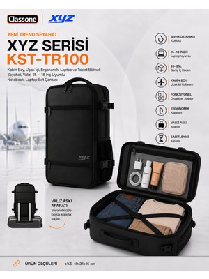 Classone Xyz Serisi KST-TR100 Kabin Boy ,uçak Içi , Ergonomik, Laptop ve Tablet Bölmeli, Seyahat, Valiz, 15 -18 Inch Uyumlu Sırt Çantası
