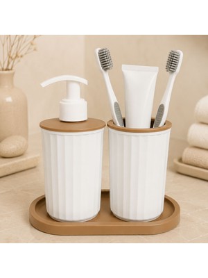 LE Paris 3 Parça Banyo Seti Modern Çizgili Tasarım | Sıvı Sabunluk | Diş Fırçalık | Organizer