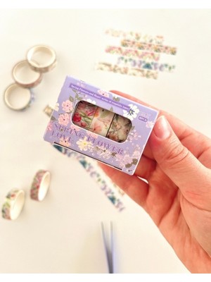 Kağıt Gemi Dükkan Spring Flower Love Bahar Çiçekleri Temalı 5'li Washi Bant Set (5*2m)/masking Tape/desenli Bant