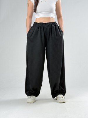 Cocopelli Siyah Çizgili Kadın Oversize Pantolon COC3172
