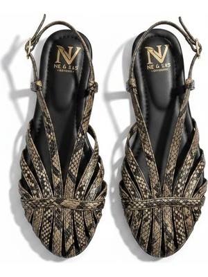 Ne&Ve Shoes Haki Yılan Deri Biye Kadın Günlük Sandalet