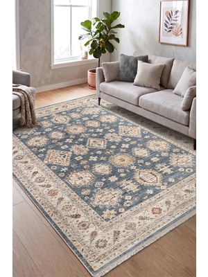 Colore Home Retro Mavi Etnik Desen Vintage Dokuma Salon Halısı
