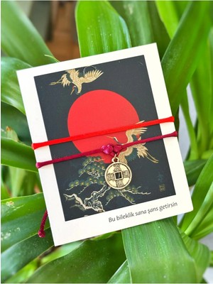 Atölye Merdiven Turna Kuşu 2li Kırmızı Bordo Feng Shui Çin Japon Şans Parası Bileklik