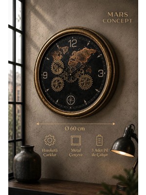 Mars Concept Vintage Dünya Haritalı Dekoratif Duvar Saati 60 cm – Hareketli Çarklı Metal Siyah Gold Büyük Boy Salon Saati