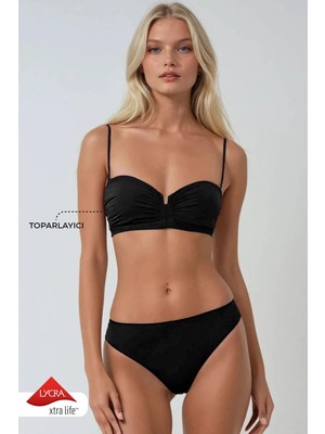Kom Delma Düz Renk Stparlez Bikini Takımı Siyah