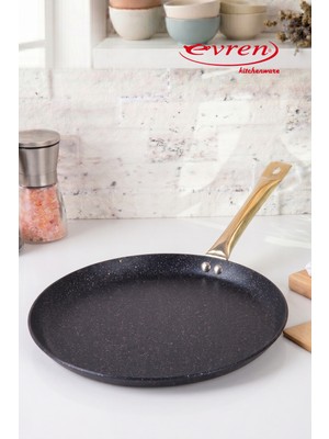 EVREN MUTFAK 24 cm Gold Stone Kısa Kenarlı Krep Tava, Non-Stick Krep Omlet Tavası (Boru Kulp)