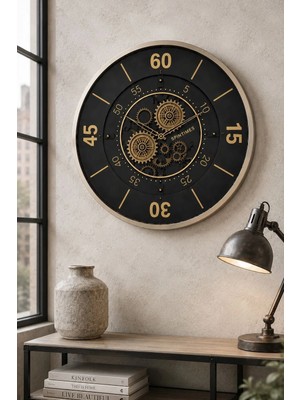 Mars Concept Vintage Dekoratif Çarklı Duvar Saati 60 cm – Hareketli Çarklı Metal Siyah Gold Büyük Boy Salon Saati