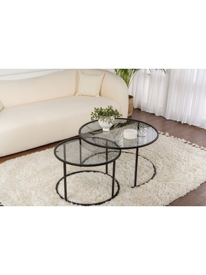 Rani Home Orta Sehpa Ikili Set Siyah Metal Ayaklı Füme Cam 80 cm AB-5238