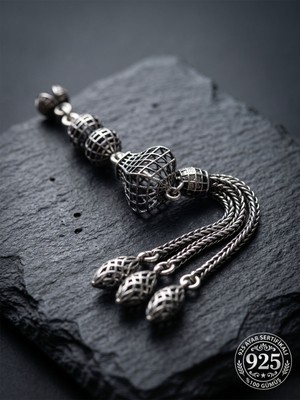 Roza Silver 925 Ayar Gümüş Otantik Işleme Burgu Kafes 3lü Zincir Tesbih Püskülü