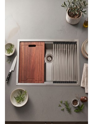 Banyo Master Özel Tasarım Paslanmaz Çelik Evye Seti 56X48 cm Tezgah Üstü Mutfak Evyesi Tam Set