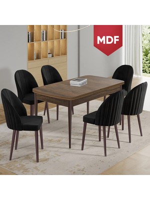 Canisa Enya Serisi MDF 80 x 132 Açılabilir Barok Ahşap Desen Masa Takımı ve 6 Siyah Sandalye