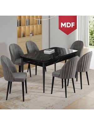 Canisa Enya Serisi 80 x 132 MDF Açılabilir Siyah Mermer Desen Masa Takımı ve 6 Gri Sandalye