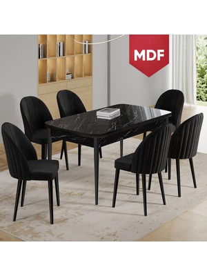 Canisa Enya Serisi 80 x 132 MDF Açılabilir Siyah Mermer Desen Masa Takımı ve 6 Siyah Sandalye