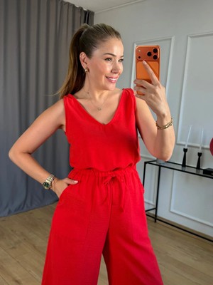 Size Özgü Kırmızı  Bel Ip Bağlamalı Tulum