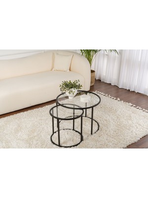 Rani Home Orta Sehpa Ikili Set Siyah Metal Ayaklı Düz Cam AB-5381