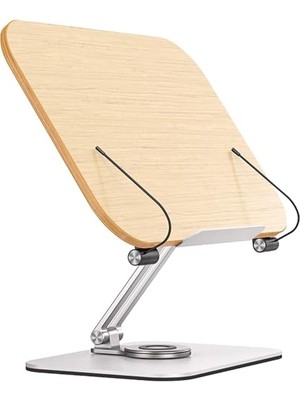 Die Grup Profesyonel Kitap Okuma Tutucu Ders Çalışma Sunum Standı Kaliteli Karbon Çelik ve Ahşap Malzeme 360 Derece Döner Yüksekliği ve Açısı Ayarlanabilir Tablet Tutucu Kullanım TM13 Açık Kahve