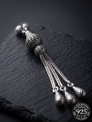 Roza Silver 925 Ayar Gümüş Otantik Işleme Armut Model 3lü Zincir Tesbih Püskülü
